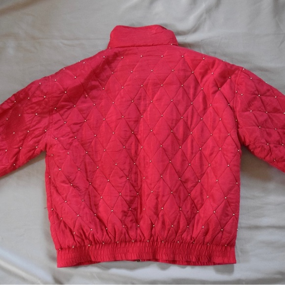 Vintage 80s Style 100% Silk Women's Large Red Bomber Jacket Gold Beaded Detail - Picture 3 of 6